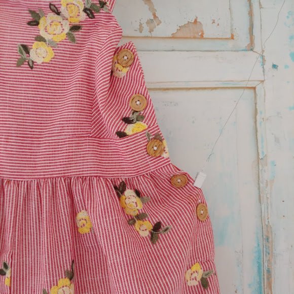 BONNIE JEAN stripe embroidered flower button jumper coverall/12/red wht yellow - Picture 5 of 10